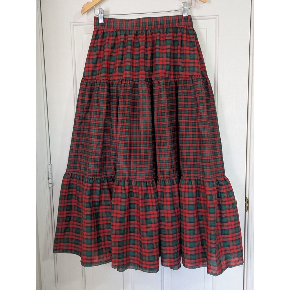 Handmade Tiered Maxi Skirt Small Red Green Plaid Christmas Ms Claus Tartan Boho